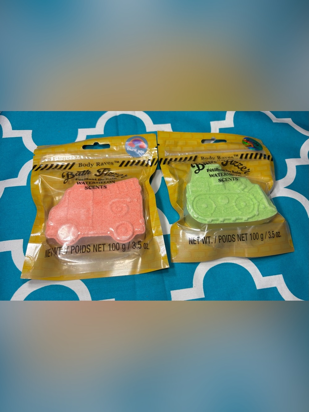 New Transportation Watermelon Scented Bath Fizzer Set of 2 Firetruck BullDozier